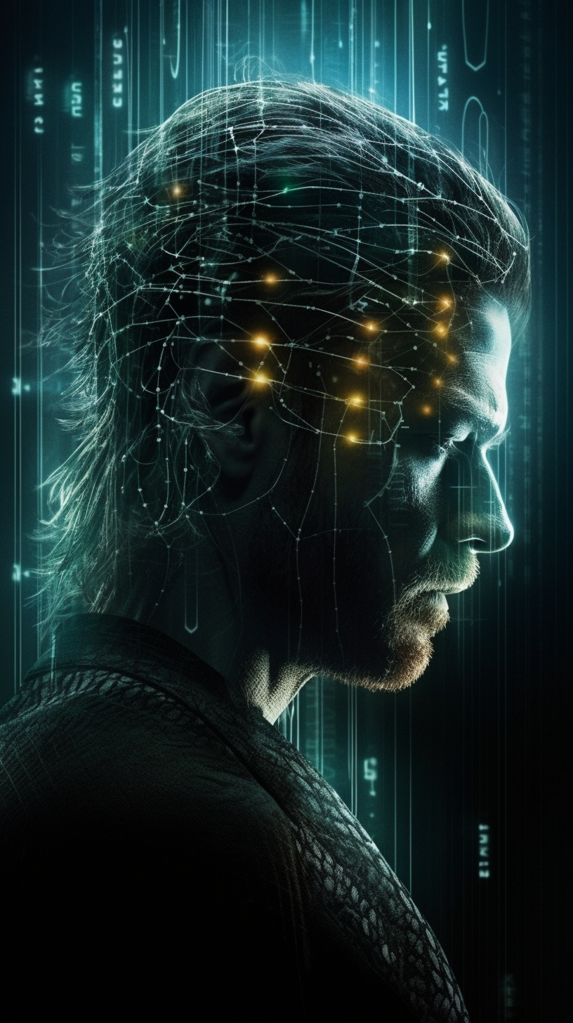 Shoothis, his profile threaded with a luminous quantum network